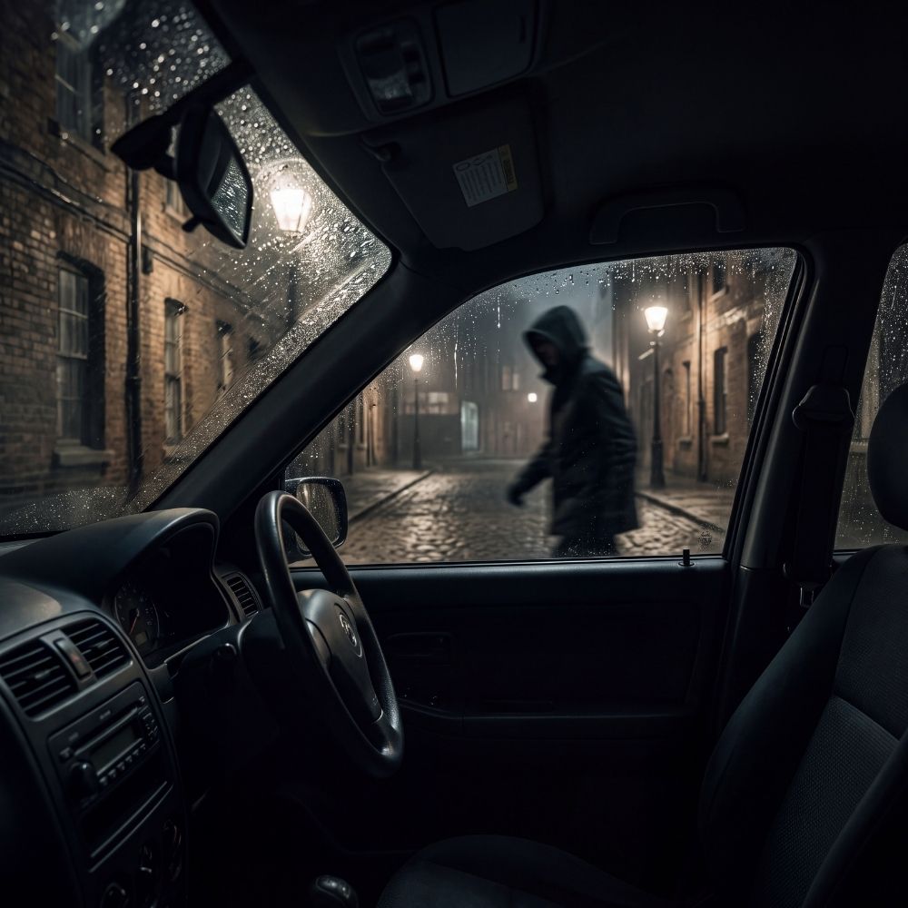 Silhouette suspecte près d'une voiture stationnée la nuit