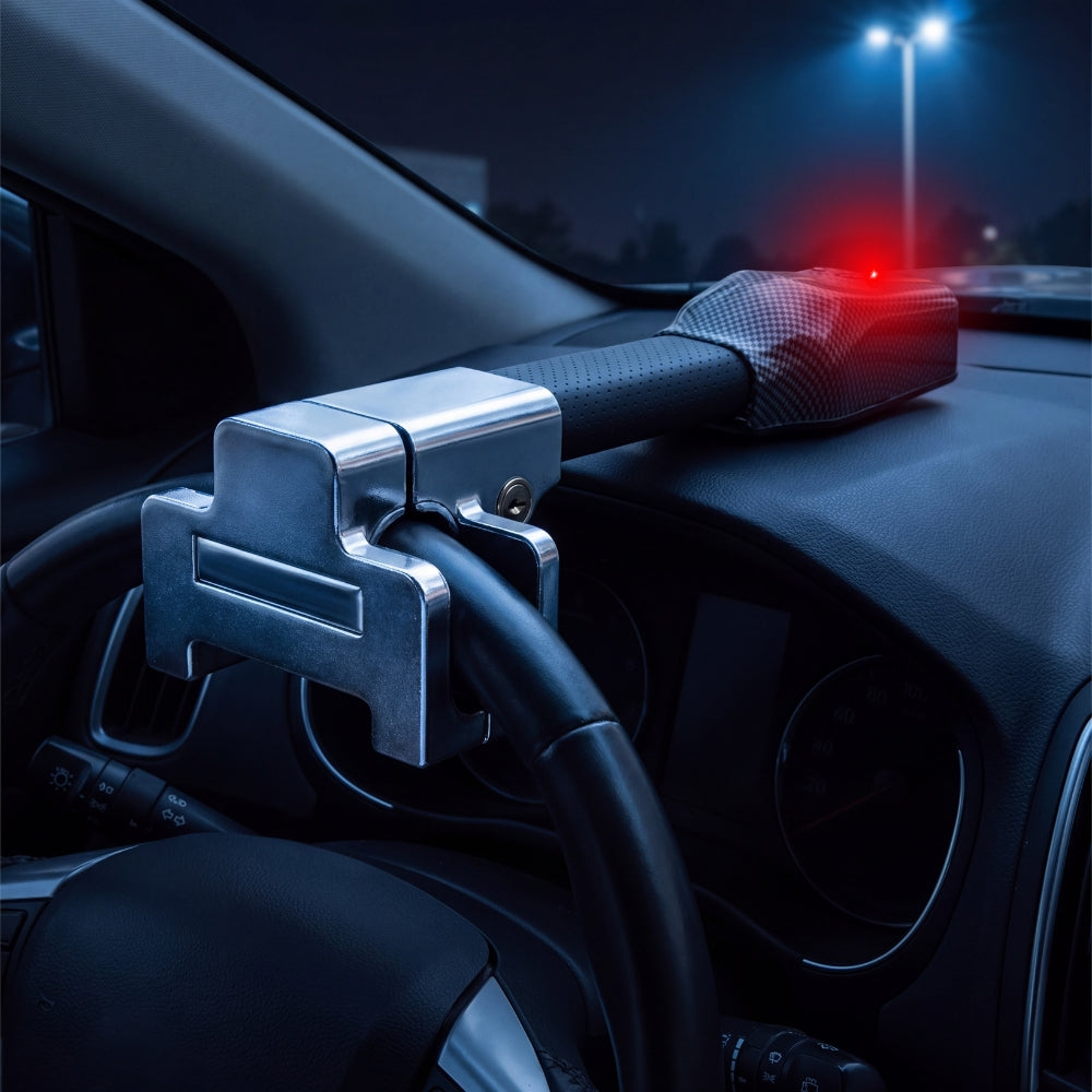 Antivol de volant avec LED d'alarme rouge active de nuit sur un parking